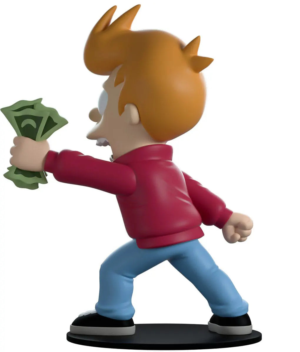 Back angle of Futurama Fry Youtooz collectible with dollar bills and intense expression.