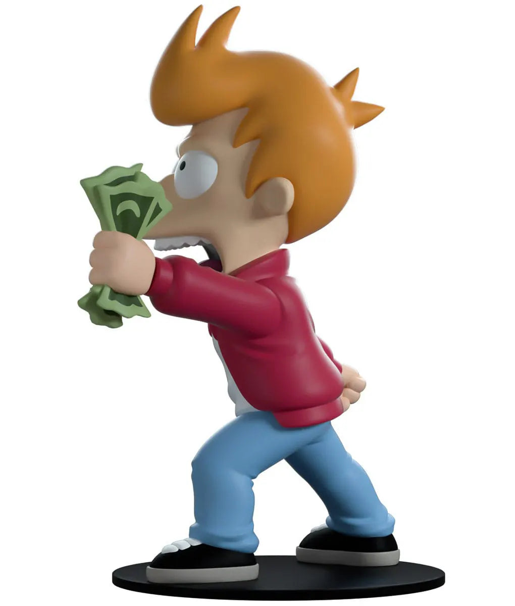 Side angle of Futurama Fry Youtooz collectible with dollar bills and intense expression.