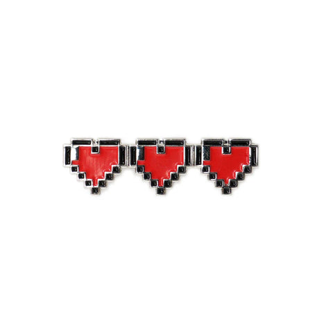 Full Health enamel pin featuring three pixelated red hearts inspired by retro video games