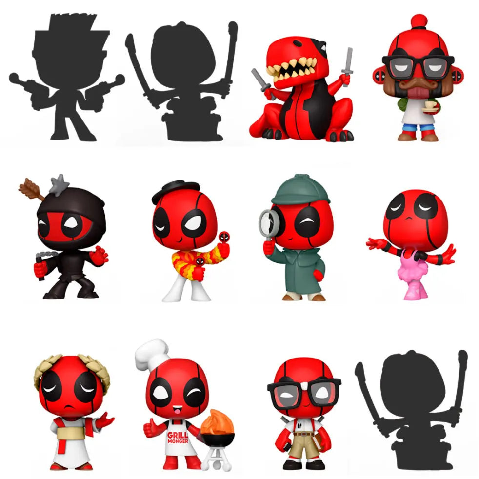 Closeup grid of 12 Funko Deadpool 30th Anniversary Mystery Mini figures