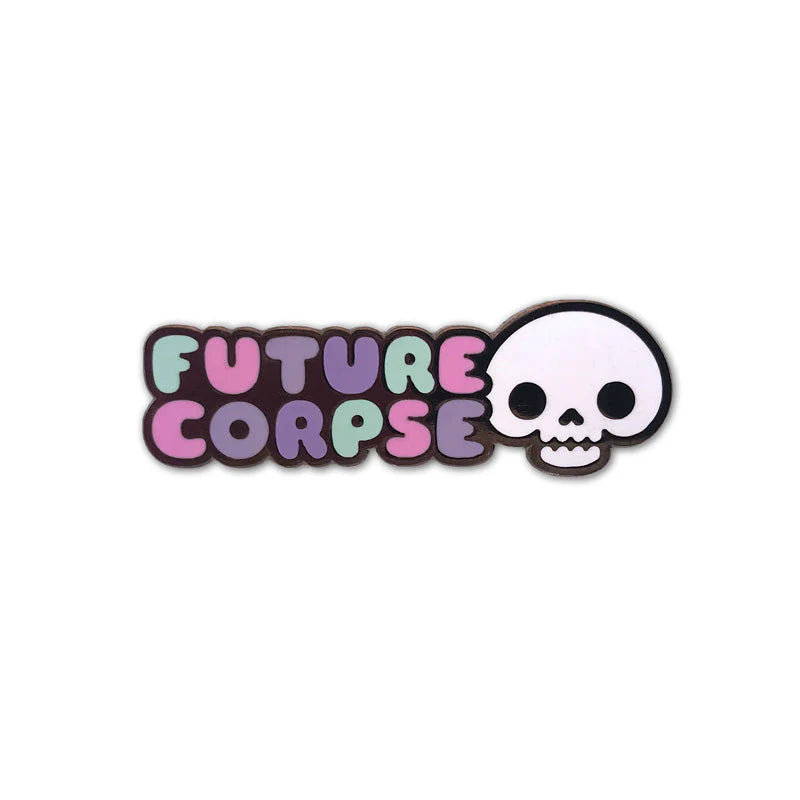 future corpse enamel pin pastel text skull cute dark humor pin