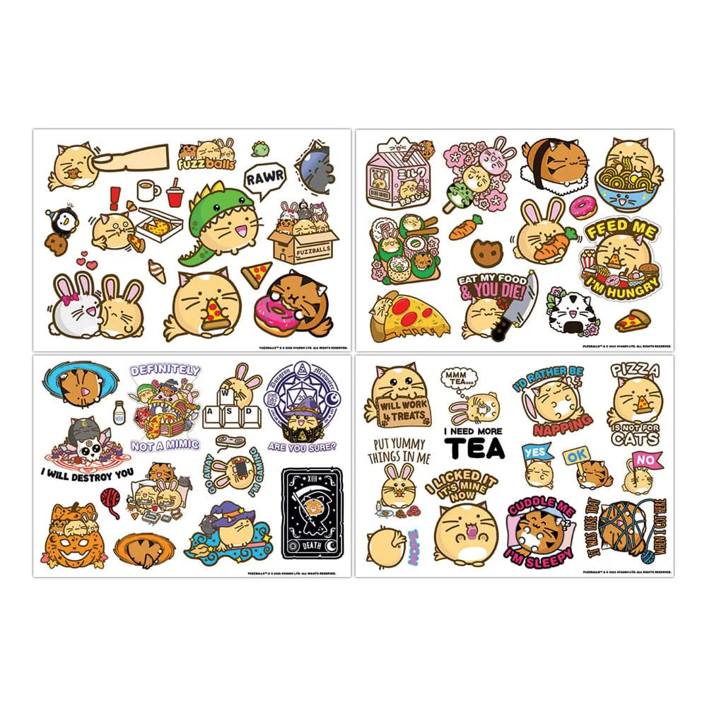 Fuzzballs Tech Sticker Pack showing four reusable sticker sheets with cute animal characters and snack-themed designs