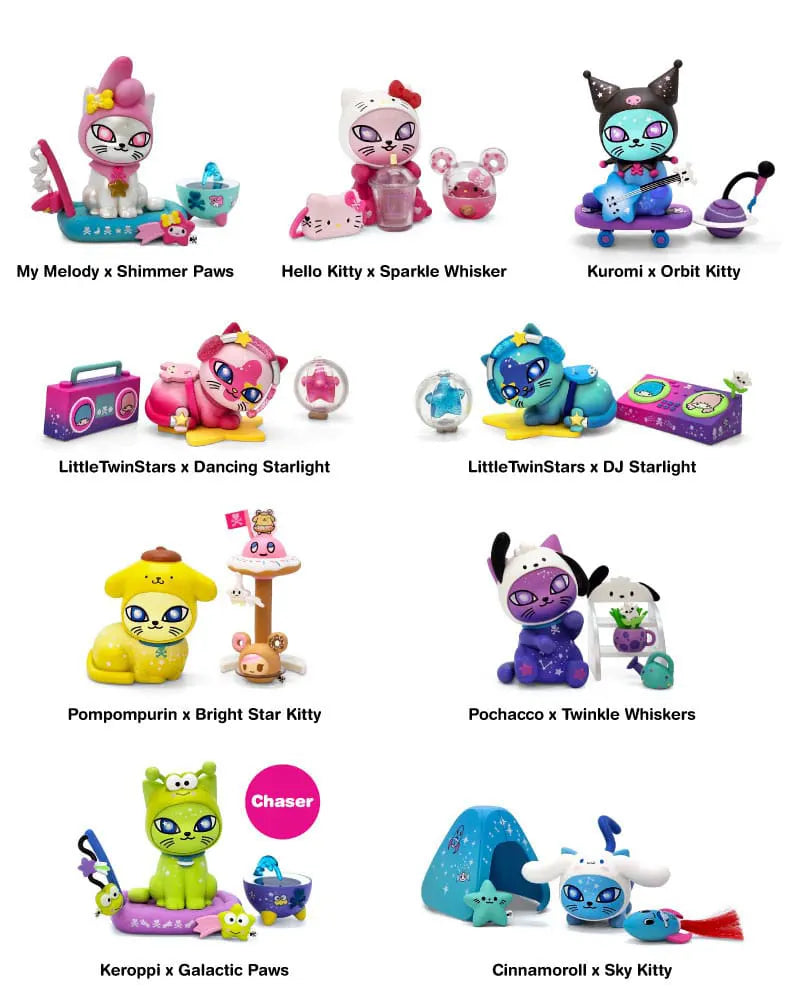 Tokidoki Galactic Cats x Hello Kitty & Friends blind box figure lineup with 8 designs.