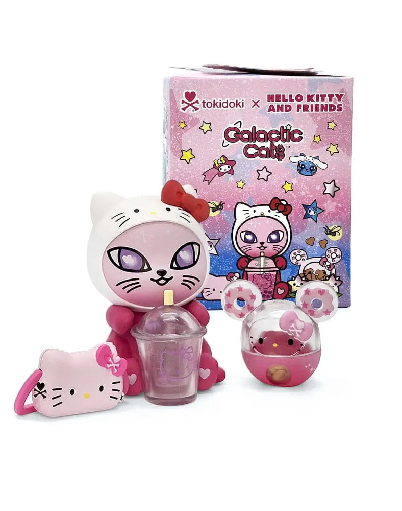 Hello Kitty Galactic Cats x Sparkle Whisker figure with cup, bag, and companion.