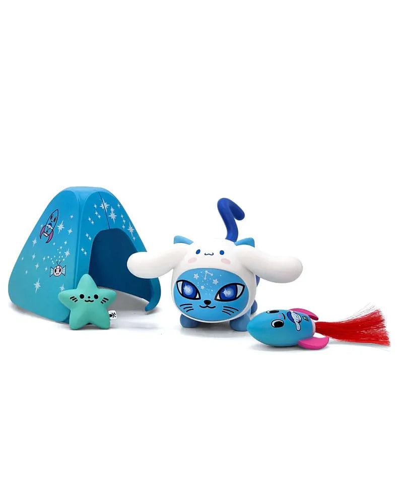 Tokidoki x Hello Kitty Galactic Cats collectible figure styled as Cinnamoroll cat with tent, star accessory, and toy fish.