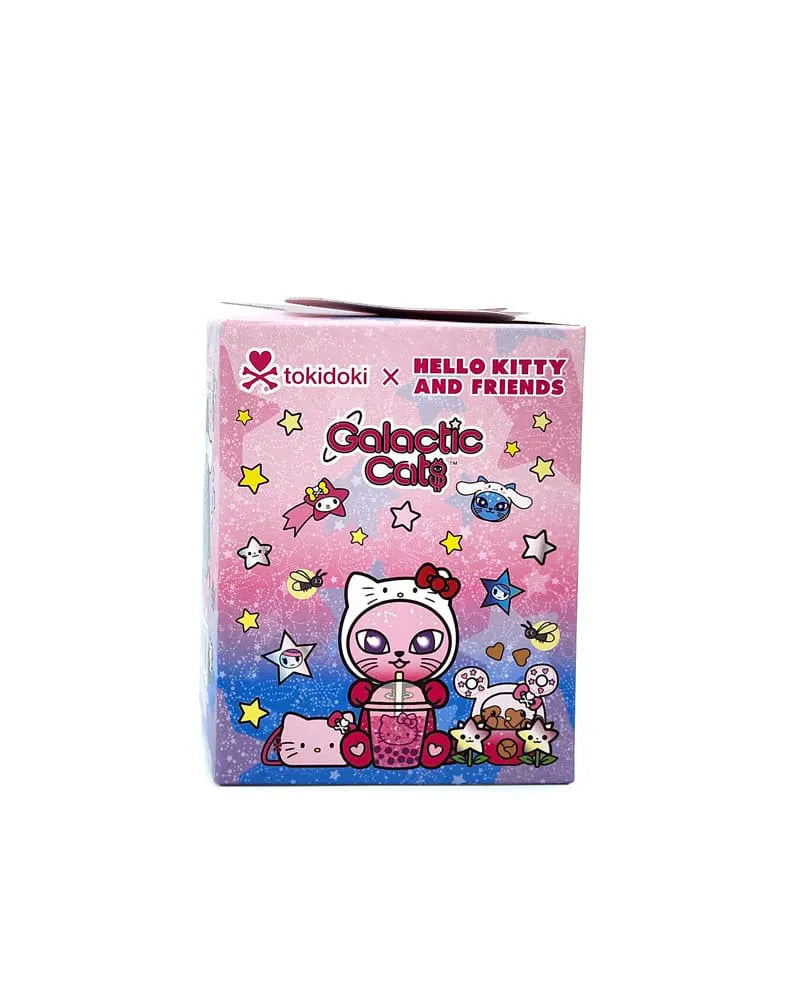 Blind box packaging for Tokidoki x Hello Kitty Galactic Cats series featuring Hello Kitty cat artwork and star designs.