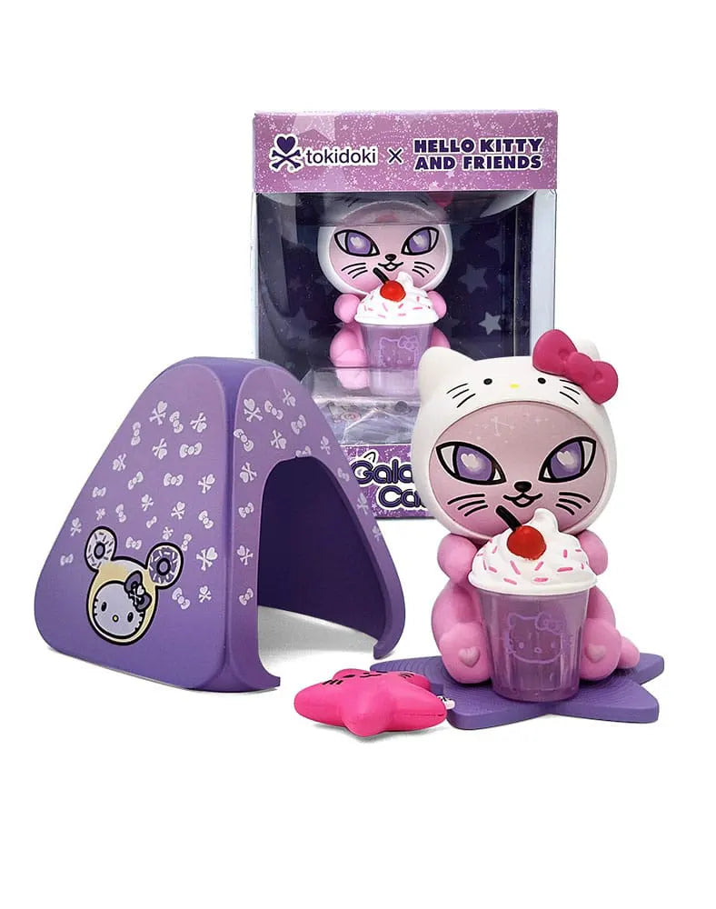 Tokidoki x Hello Kitty Galactic Cats collectible figure in Hello Kitty style holding a dessert, with purple tent and star accessory.