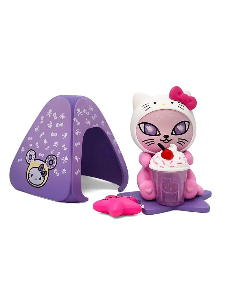 Close-up of Tokidoki x Hello Kitty Galactic Cats collectible cat figure with dessert, purple tent, and star accessory.
