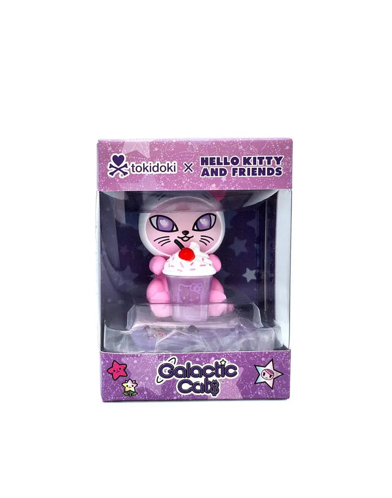Tokidoki x Hello Kitty Galactic Cats boxed collectible showing Hello Kitty-themed cat holding dessert inside packaging.