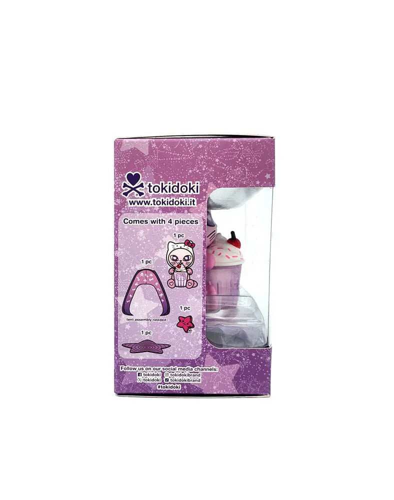 Side view of Tokidoki x Hello Kitty Galactic Cats packaging showing figure contents and accessories.
