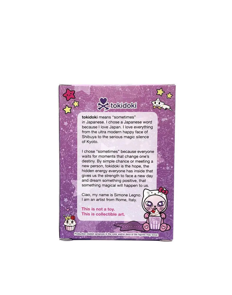 Back of Tokidoki x Hello Kitty Galactic Cats packaging with brand story and Simone Legno artist description.
