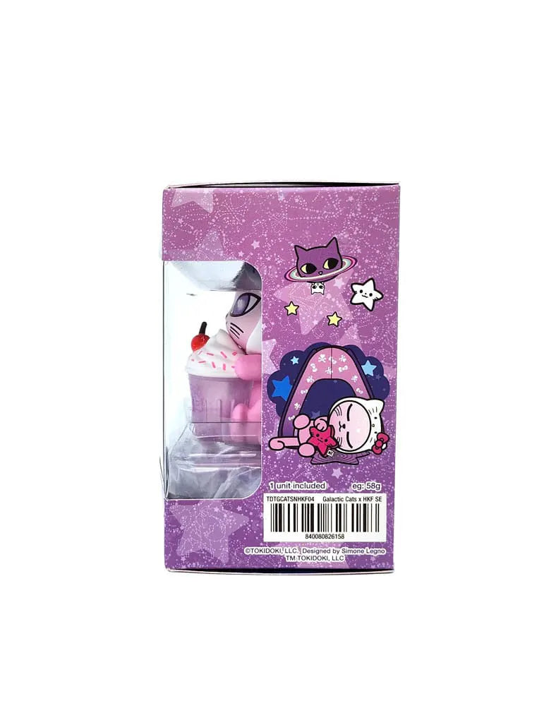 Side panel of Tokidoki x Hello Kitty Galactic Cats packaging with illustration and product details.