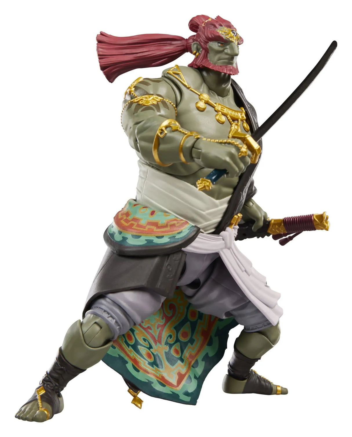 Side view of the Ganondorf Tears of the Kingdom action figure with drawn sword.