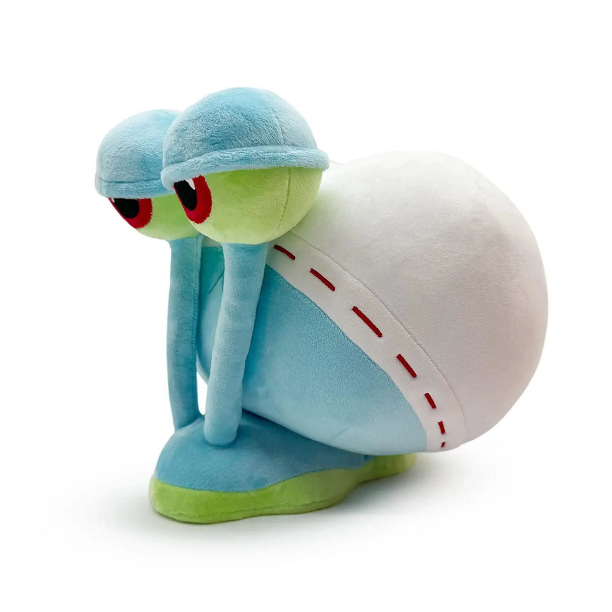 Side angle of Gary Butt Plush figure with exposed plush cheeks and long eye stalks.
