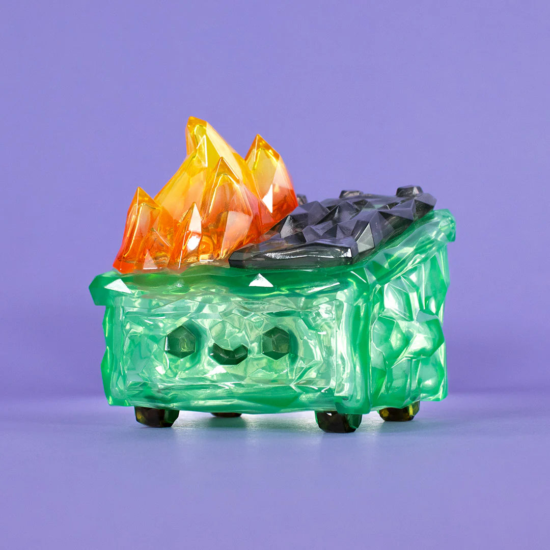 Front view of Gem Dumpster Fire vinyl figure with faceted crystal textures