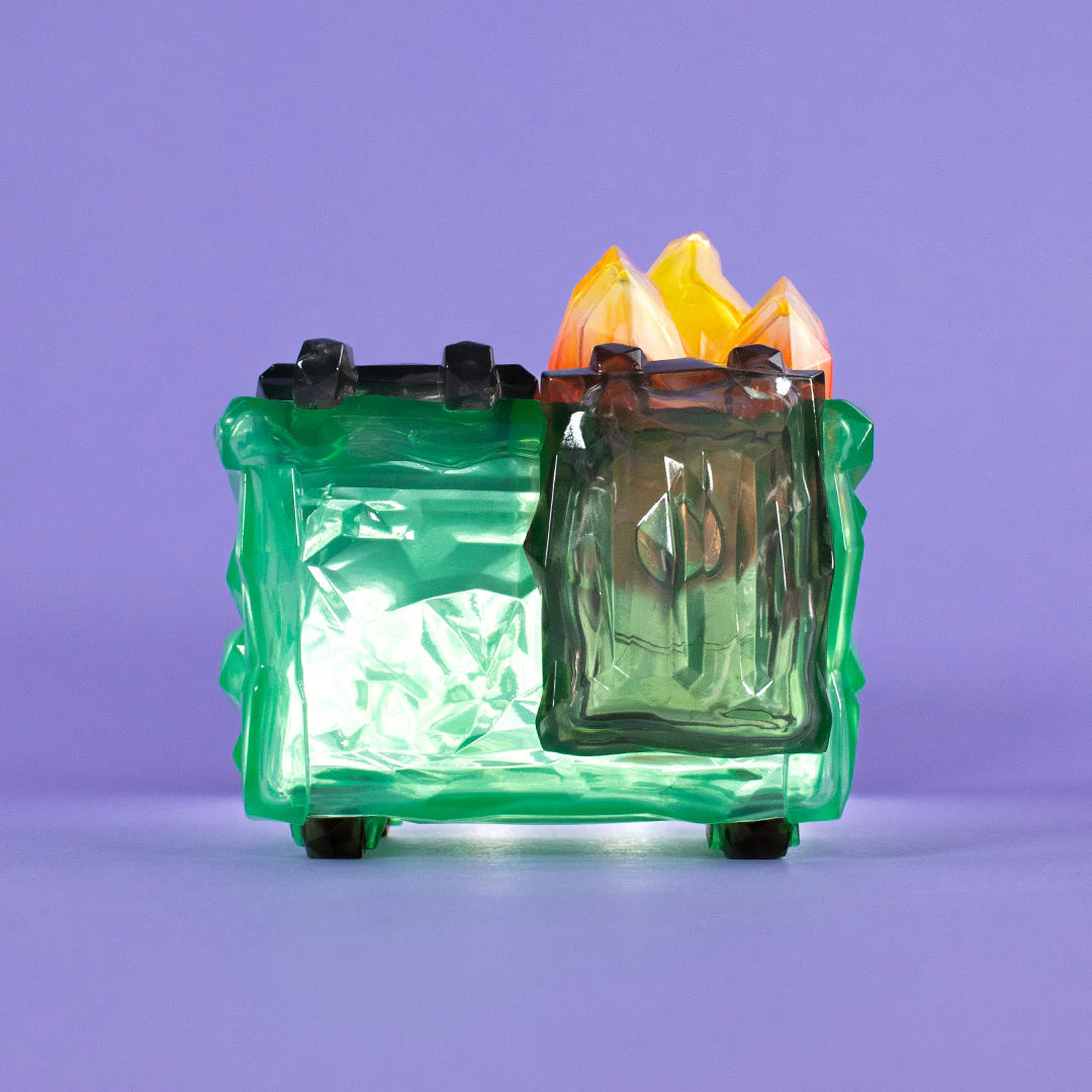 Rear view of Gem Dumpster Fire vinyl figure with faceted translucent vinyl details
