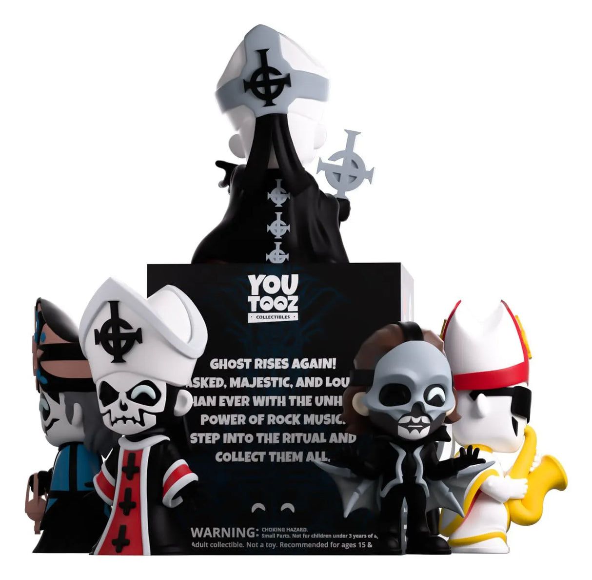 Rear view of the Ghost Blind Box Youtooz collection displaying multiple Ghost vinyl figures and collectible packaging.