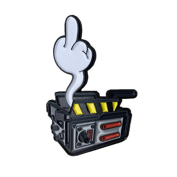 Glow-in-the-dark Ghost Trap enamel pin with cartoon middle finger