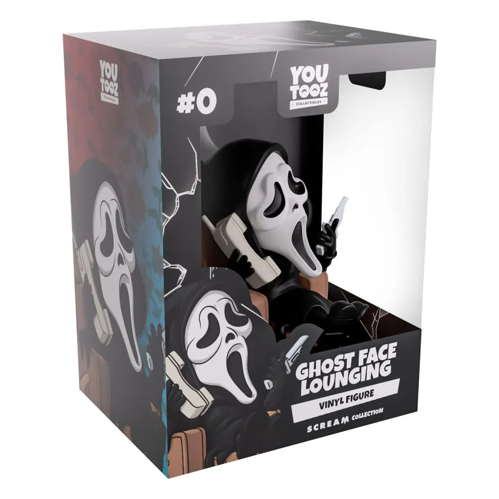 Ghostface lounging in recliner holding a phone and knife Youtooz vinyl figure in box