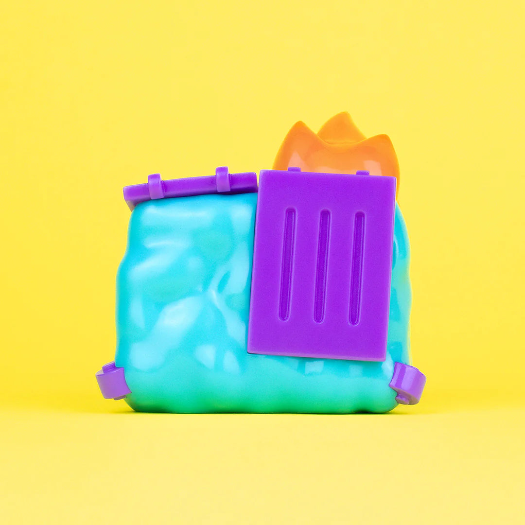 top angle of GlanderCo dumpster fire vinyl art toy