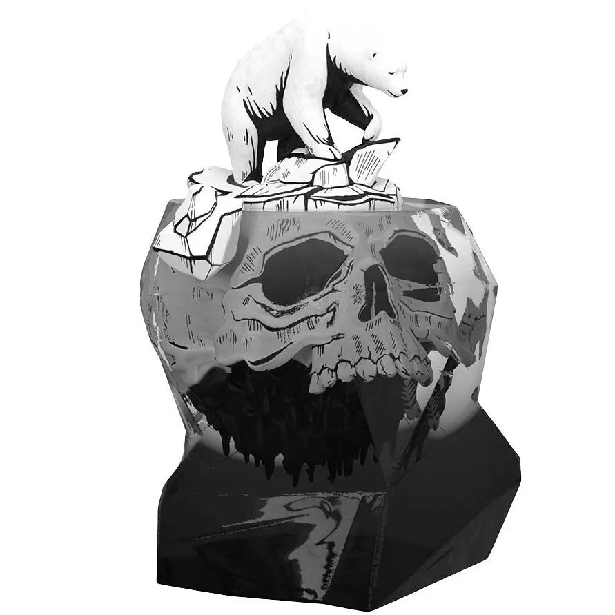 Side angle of Global Warning Inked Edition statue showing polar bear and ice over skull.