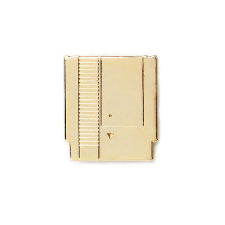 Gold NES-style enamel pin shaped like a retro game cartridge