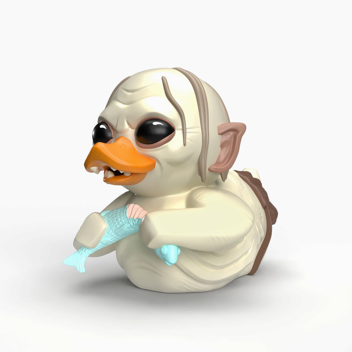 Close-up angled view of Gollum Mini TUBBZ duck holding a fish