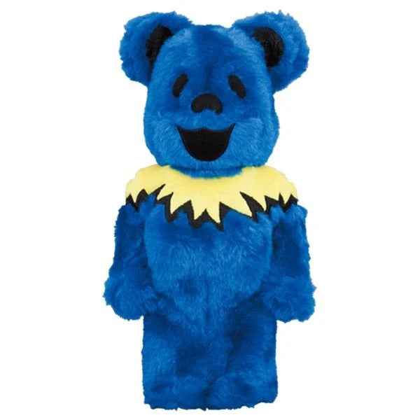 Front view of 400% Bearbrick Grateful Dead Dancing Bears Blue Costume Version with yellow collar