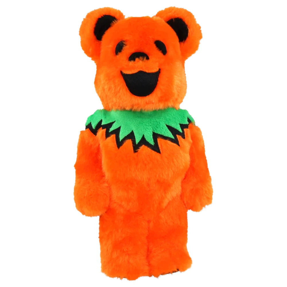 Front view of the 400% Bearbrick - Grateful Dead Dancing Bears (Costume Version - Orange) with fuzzy orange fur and green collar