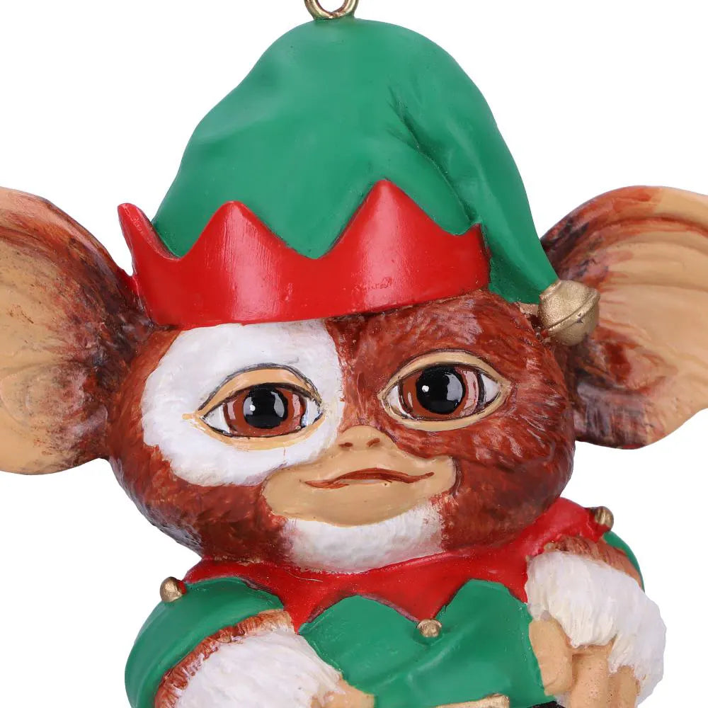 Close-up of Gizmo wearing a festive elf hat