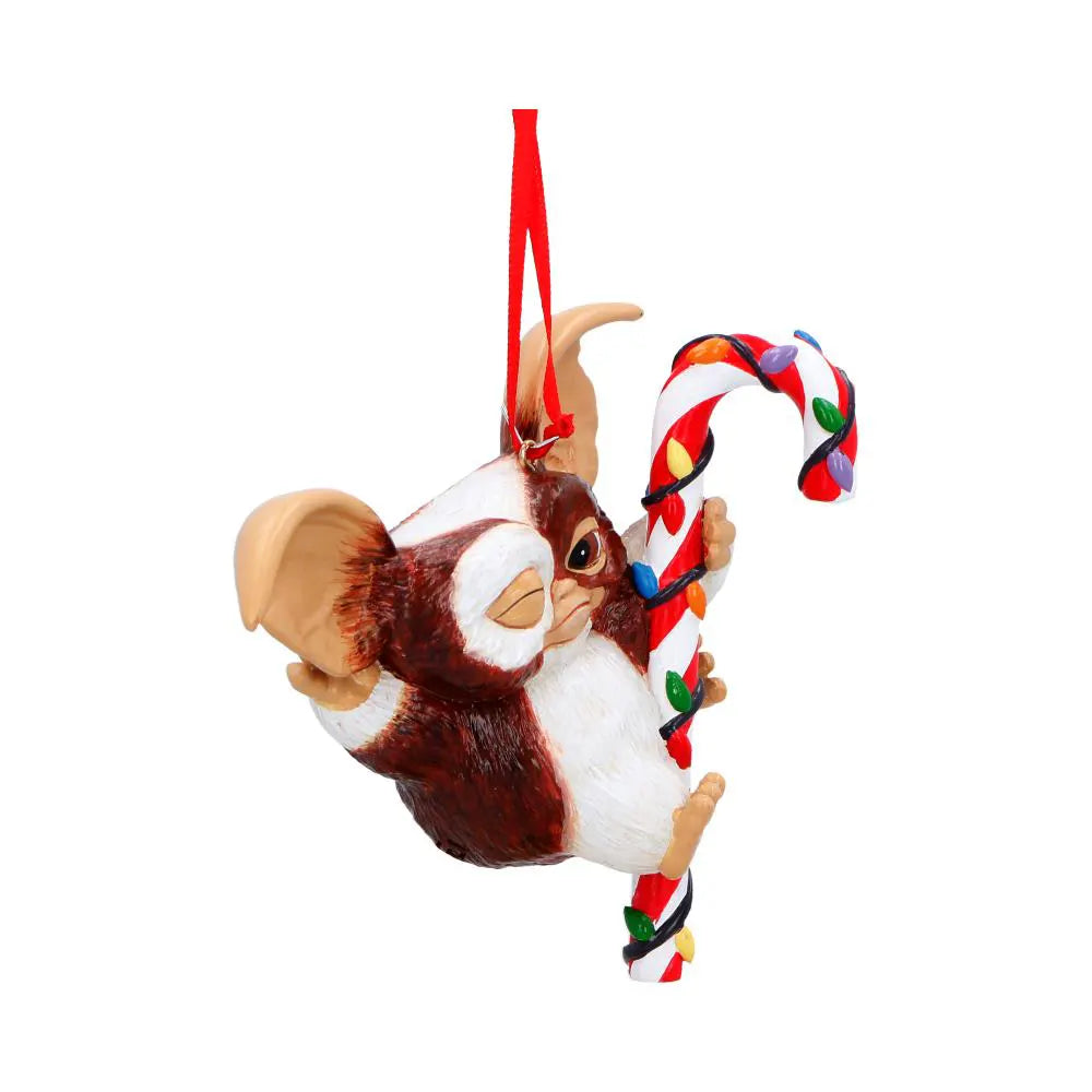 Angled rear view of the Gizmo candy cane Christmas ornament