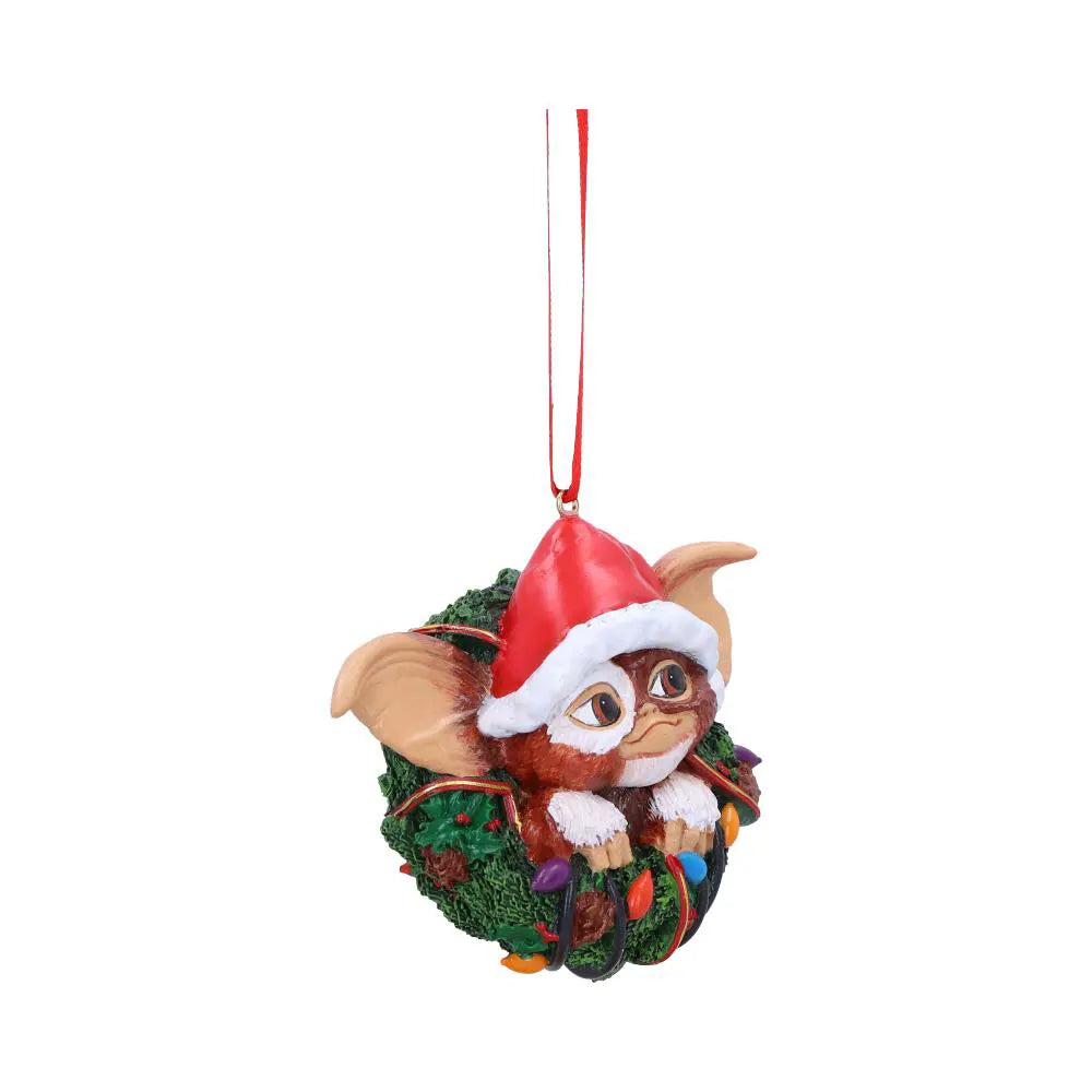 Angled view of Gizmo Christmas wreath decoration