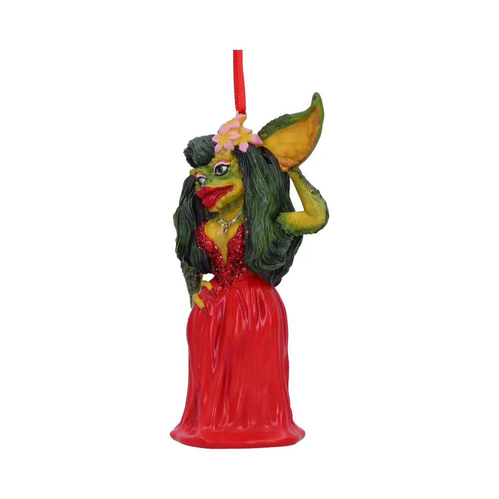 Side view of Greta Gremlin in a sparkling red dress ornament