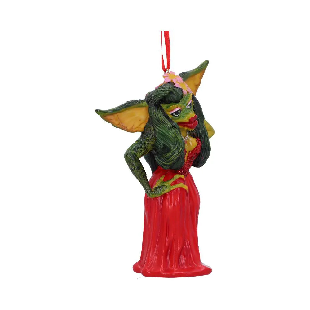 Angled view of Greta Gremlin Christmas ornament