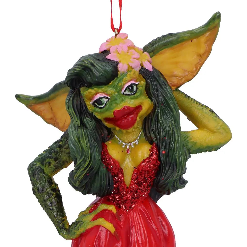 Close-up of Greta Gremlin wearing a sparkling red dress