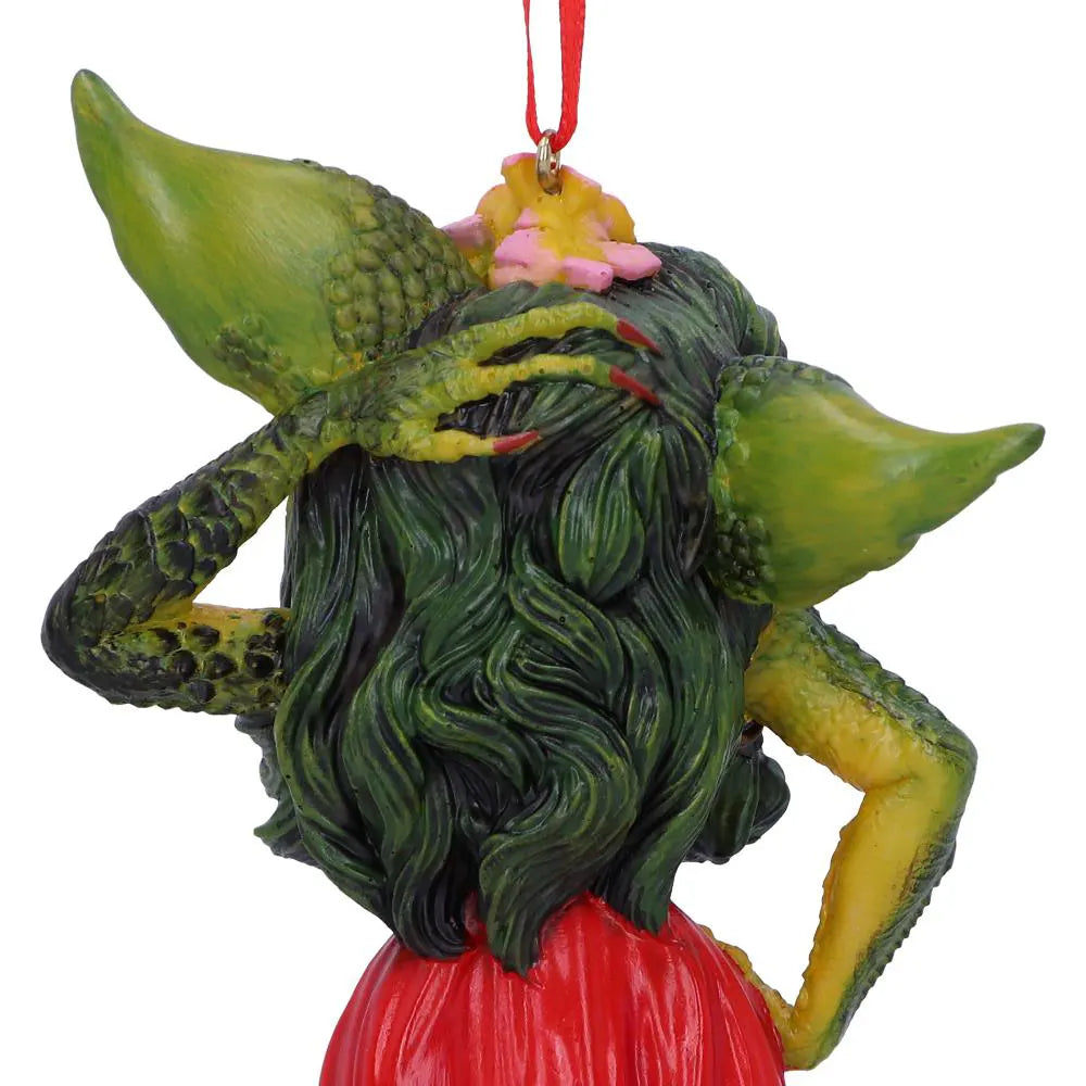 Rear close-up of Greta Gremlin ornament showing hairstyle and flower accessory