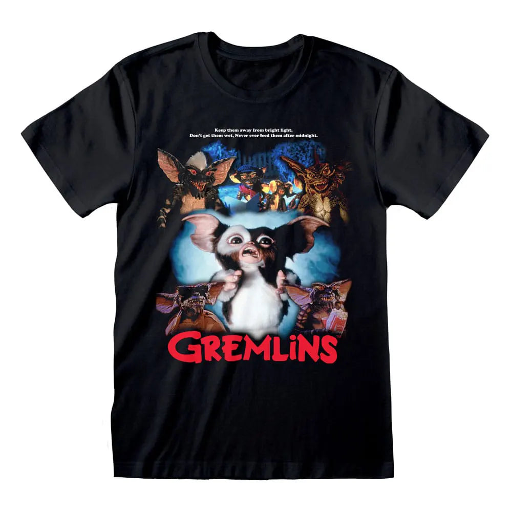 Black Gremlins t-shirt with vintage movie poster design featuring Gizmo and mischievous Gremlins