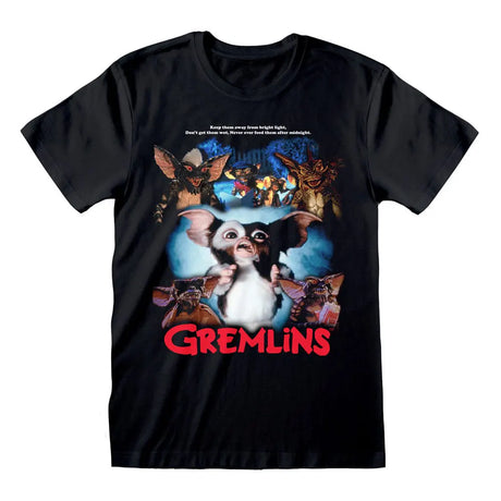 Black Gremlins t-shirt with vintage movie poster design featuring Gizmo and mischievous Gremlins