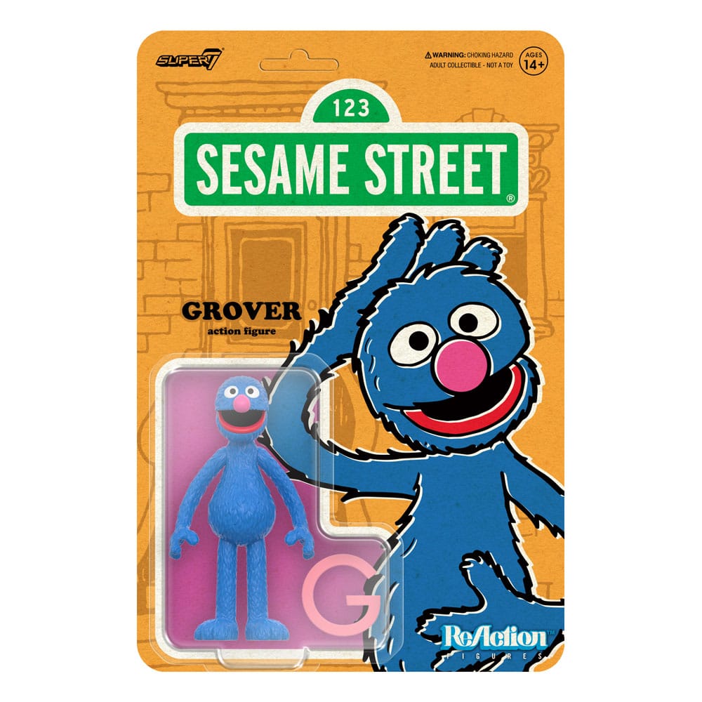 Grover Sesame Street ReAction action figure by Super7 on illustrated blister card packaging