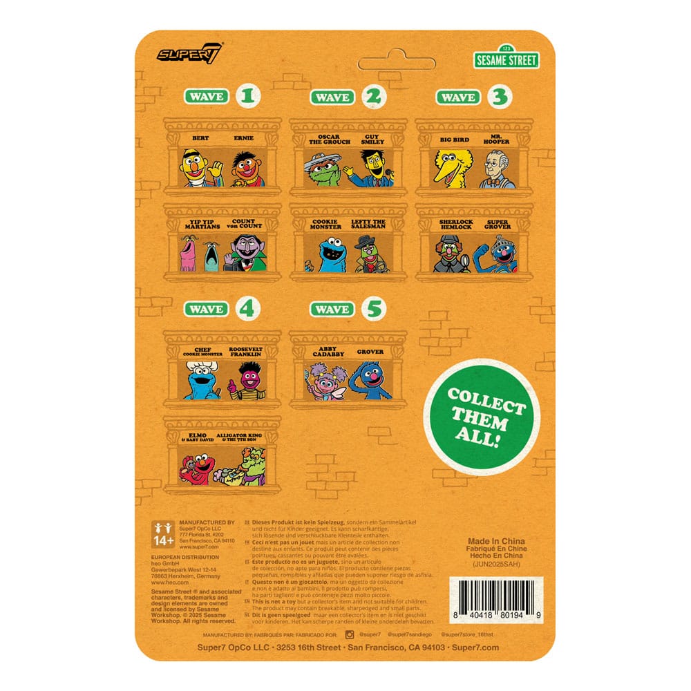 Back of Grover Sesame Street ReAction figure blister card showing wave checklist and packaging details