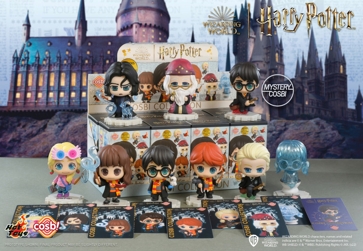 Harry Potter Cosbi blind box collection figures by Hot Toys displayed with multiple characters from the Wizarding World