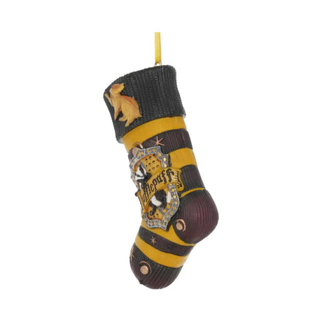 Angled side view of the Hufflepuff stocking ornament showing house colors and emblem