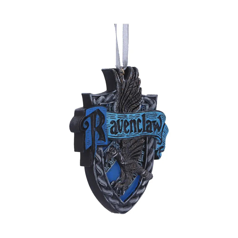 Right-side angled view of Ravenclaw Crest ornament with raised textures and vivid blue highlights
