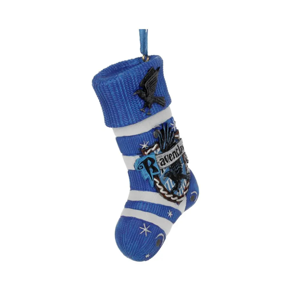 Angled view of Ravenclaw house crest and raven emblem on blue and white stocking ornament