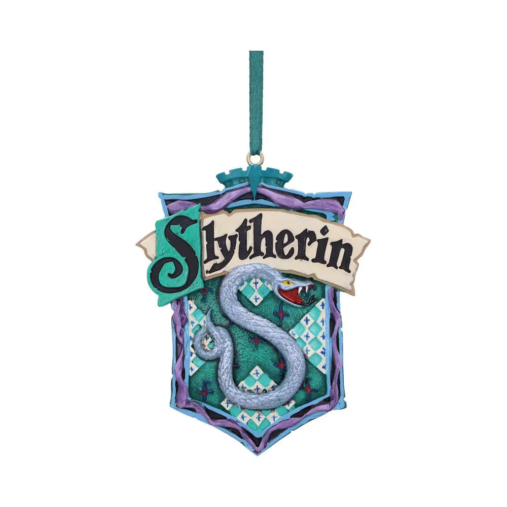 Slytherin Crest ornament front view hanging from green ribbon