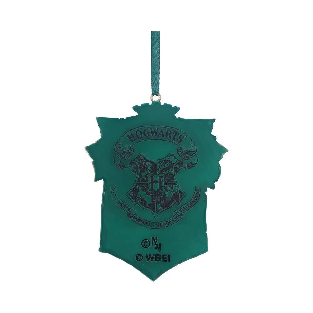 Back of Hogwarts Slytherin ornament featuring Hogwarts crest