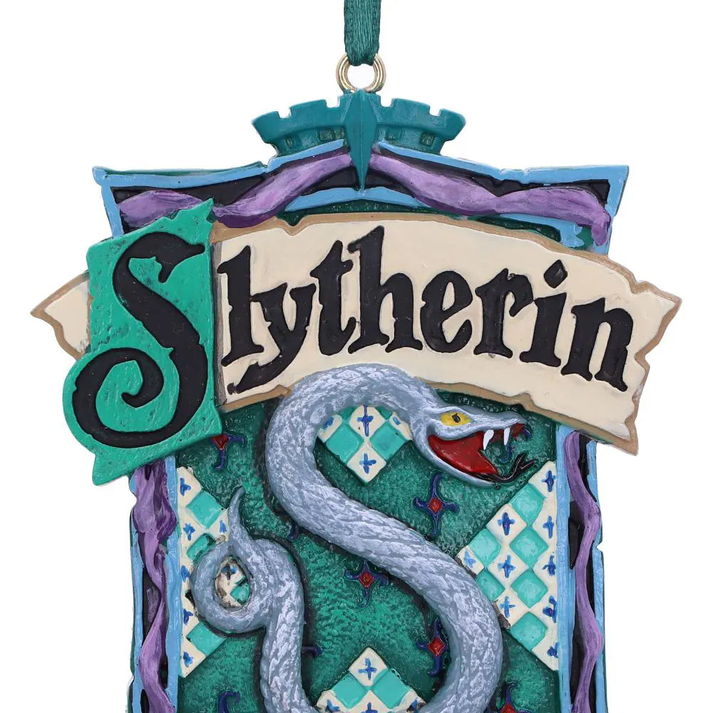 Close-up of snake and Slytherin text on ornament