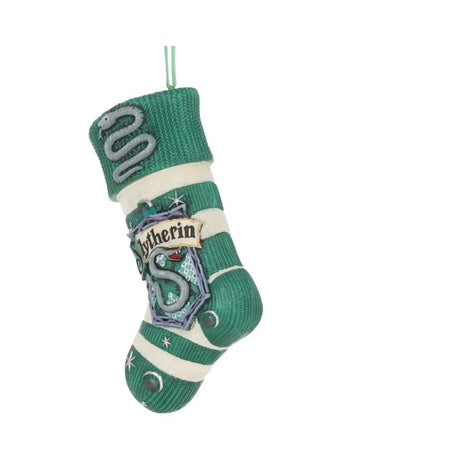 Close-up of Slytherin stocking ornament from side angle