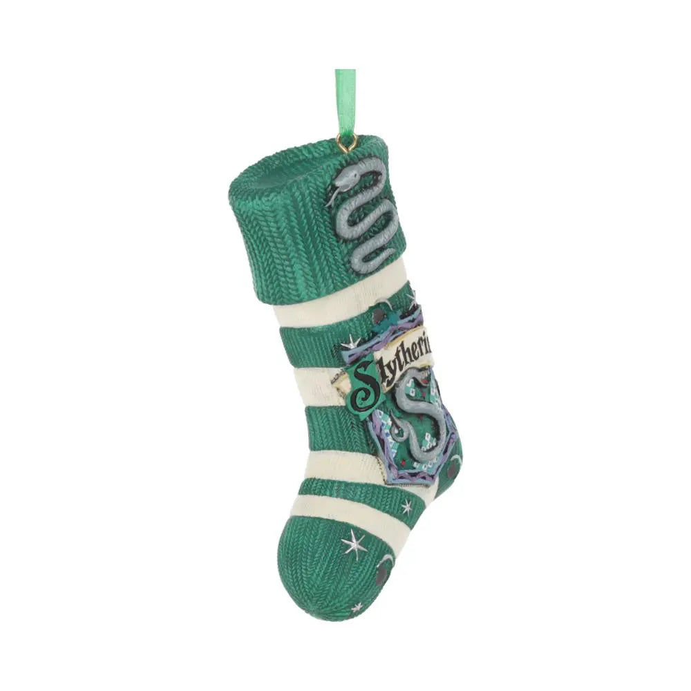 Angled close-up of Slytherin stocking ornament showing the 'S' crest and hanging ribbon