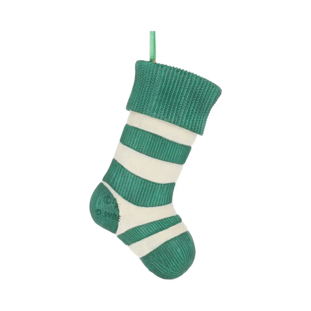 Back view of green and white striped Slytherin stocking ornament